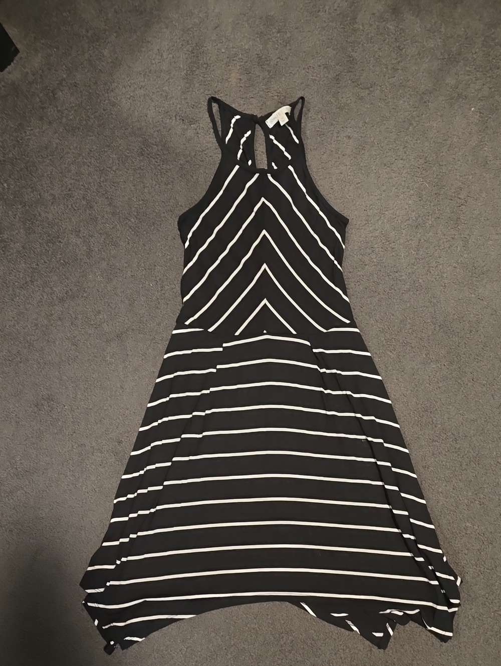 love, Fire Black & White Striped High-Low Halter Dress
